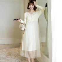 Pregnant Woman Early Spring Clothing Fashion Long style Splice Mesh Dress Dress 2022 New Spicy Mother Foreign Air Pregnancy Long Sleeve Long Dress