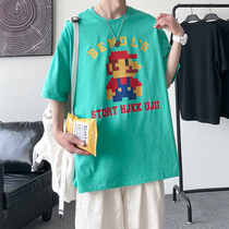 American Tide Card High Street Men Short Sleeves Oversize Positive Shoulder T-shirt Ins Mosaic Wind Design Sensation Print 50% Sleeves