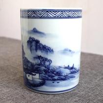 Jingdezhen ceramics hand-painted high-grade antique blue and white porcelain landscape retro pen holder study decoration decoration