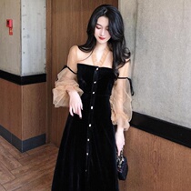 French Retro Hepburn Wind Mesh Splice Long Sleeve Dress Women Spring 2021 New Temperament Medium Long Skirt