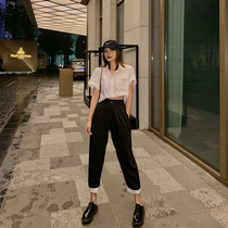 Crystal lord overalls short sleeve shirt woman 100 hitch short section slim fit sunscreen shirt Korean version design feel small crowdblouse