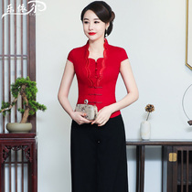 Summer new improved cotton and hemp cheongsam short embroidered linen top short sleeve Tang suit set mothers wedding dress