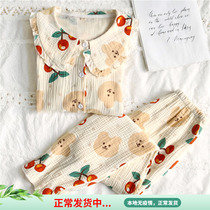 Cherry Small Bear Round collar gauze Sleeping lady doll collar pure cotton yarn Cartoon Long Sleeve Summer Home Suit Thin