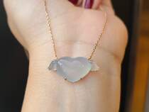 Myanmar natural jadeite A high ice blue bottom love lock chain necklace women's pendant pendant 18K gold real shot