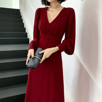 Bridal toast 2022 new wine red long sleeve temperament can normally wear annual meeting banquet small gown dress slim