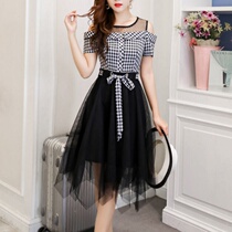 Dew Shoulder One-piece Dress 2021 Summer New Womens Dress Grid Lace Mesh Yarn Splicing Workout Slim Fit Slim High Waisted Dress