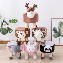 Cartoon animal solid wood small round stool living room coffee table low chair childrens creative removable and washable flannel cover elephant rabbit deer