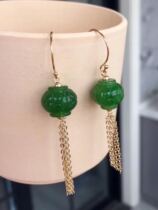 Natural Xinjiang Hotan Jasper lantern reprint bead earring 14K gold inlaid female ear hook no black spot