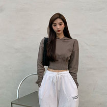 Korean hooded solid color pullover high waist short sweater women 2021 Spring and Autumn New loose Joker waist top tide