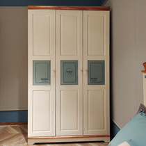 Full Solid Wood Wardrobe Home Bedroom Children Three Doors Wardrobe Sturdy Durable Flat Door Solid Wood Simple Hanging Clothes Closet