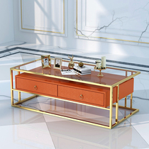 Light Extravagant Glass Tea Table Advanced rectangular minimalist modern Living room Home Small family Stainless Steel Tea Table Orange