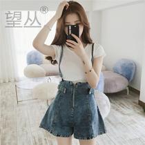 Denim straps pants women 2021 New Korean version of Joker high waist wide leg shorts age Foreign style student suit summer