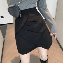 High waist 100 lapped pleated irregular suit half body dress 2022 spring and summer display slim a character bag hip skirt black short skirt