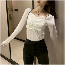 celine pianna Korean version sexy square collar long sleeve T-shirt female spring temperament pleated sweatshirt body blouse