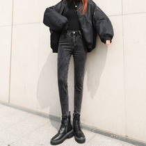 Black gray jeans women high waist skinny pants autumn 2021 New Nine points soot thin pencil pants