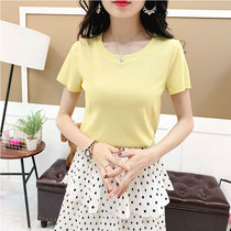 Ice silk ins2021 spring and summer new Korean version of short-sleeved round-neck sweater womens t-shirt base shirt top thin and versatile