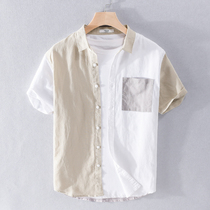 Japanese color contrast short sleeve cotton shirt mens summer new fashion casual shirt mens loose linen shirt