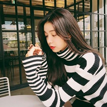 Early Autumn New knit sweater womens striped knitted top long sleeve shirt spring and autumn thin high collar pullover base shirt Women