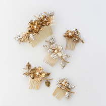 European style rose leaf vintage Roman style Rub color gold do old color Bridal flower hair comb Rhinestone dense hair ornament