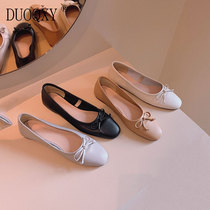 Genuine leather soft-bottom white art single shoe woman shallow mouth round head flat bottom grandma shoes grey soft leather mother shoe butterfly knot
