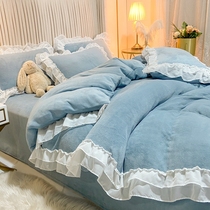 Four sets of warm milk velvet Korean princesses in winter are thickened by beds with double-sided coral velvet lace