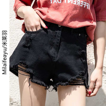 High waist dash Hole Broadleg Denim Shorts Womens Summer 2022 new Korean version with slim fur edge a pair of hot pants