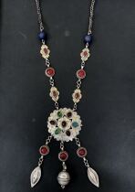 Indian Turkmen antique old silver necklace glazed pendant Bell pendant