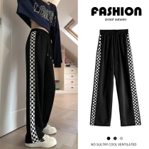 women's spring autumn ins high street loose straight leg casual high waist black sport pants with side chess board