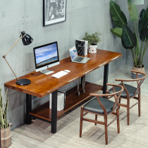 American retro wrought iron wood computer desk against the wall rectangular double layer pine writing desk simple writing desk desktop