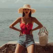 Korean female swimsuit one-piece triangle wave dot gathering small chest thin belly cover belly swimsuit