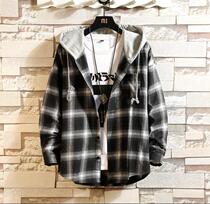  Spring Port Wind Lianhood Plaid Shirt Mens Korean Edition Teenagers Thin Jacket Day Department Student Couple Long Sleeve Lining
