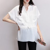 Summer V-neck short-sleeved pregnant women chiffon shirt drawstring lace-up large size coat summer wear thin professional pregnant womens shirt t