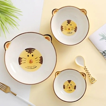 Creative Children Cartoon Ceramic Bowls Cute Animal Breakfast Bowls Baby Cutlery Suit Home Eating Bowls Soup Bowls Spoon