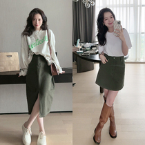 TMH STUDIO wind with secret blow over ink green denim skirt woman high waist with open fork half body dress summer
