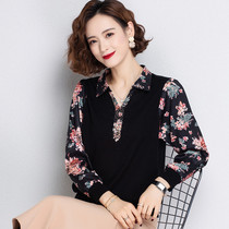 Long sleeves knit blouse Womens thin section 2022 Spring loaded with new loose sweater splicing printed mom flipped undershirt