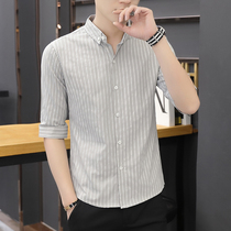 Fugui Bird 2021 New Striped Middle Sleeve Shirt Men's Slim Fashion Handsome Five-point Sleeve Shirt Men's Thin Dress