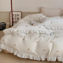 Korean Girl Heart Cotton Double-layer Yarn Four-piece Set Small Fresh Bow Knot Embroidery Ruffle Girl Bedding