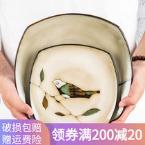 Jade Spring Flowers Bird Square Pan Ceramic Home Cutlery Day Style Creative Minimu Steak Pan Hand Painted Breakfast Pan microwave