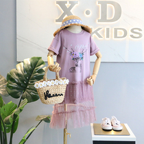 Brand childrens clothing 2019 summer clothing new girl Korean flavor deer printing stitching mesh long version T skirt