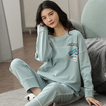 Cotton pajamas women spring and autumn cotton long sleeve pullover plus fat plus size can be worn outside autumn and winter household clothing suit