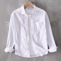 Striped Casual Long Sleeve Shirt Mens Fall Days Trendy Fashion Square Collar 100 Loose Pure Cotton Lining Coat