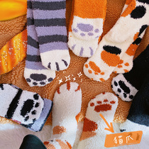 Japanese soft cute plush socks coral velvet socks women autumn and winter thick warm home cute sleep socks cat claw socks