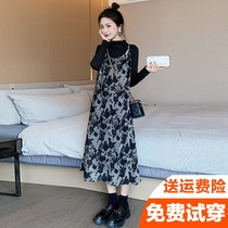 Maternity dress vintage 2021 new floral suspender dress spring and autumn loose inner tie base maternity skirt