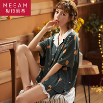 Outdoor home pajamas womens summer thin two-piece set of short-sleeved shorts pure cotton suit Yangqi 2020 new