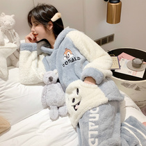 Sleepwear Woman Autumn Winter Coral Suede Thickened Casual Cute Plus Suede Warm Comfort Even Cap Big Yard home Two sets