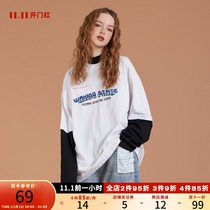 Miss Qin fake two pieces of cotton long sleeve T-shirt female spring and autumn loose ins tide niche design sense coat base shirt autumn