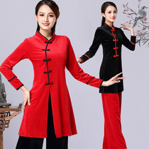 New Hanfu retro square dance autumn and winter dance costume performance performance uniform collar long suede red polyester
