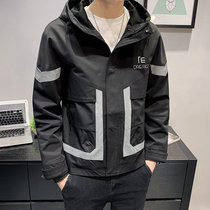 Spring and autumn tooling jacket mens casual loose hooded function jacket handsome trend mens clothing D0225