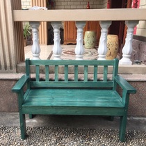 Retro Brown old solid wood sofa chair balcony leisure chair back chair living room three double solid wood bench