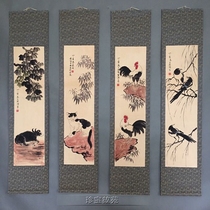 New antique calligraphy and painting four-screen Spring Moon bird picture hand-painted quadruple scroll mural antique Zhongtang decoration hanging painting